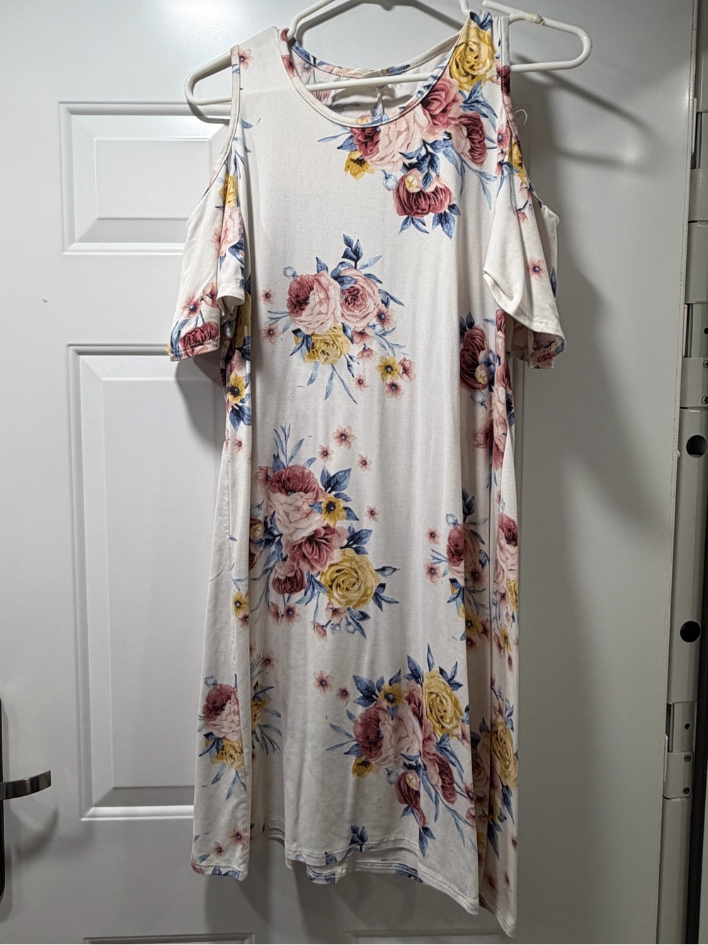 Moa Moa White Cold-Shoulder Midi Dress with Pink & Yellow Floral Print
